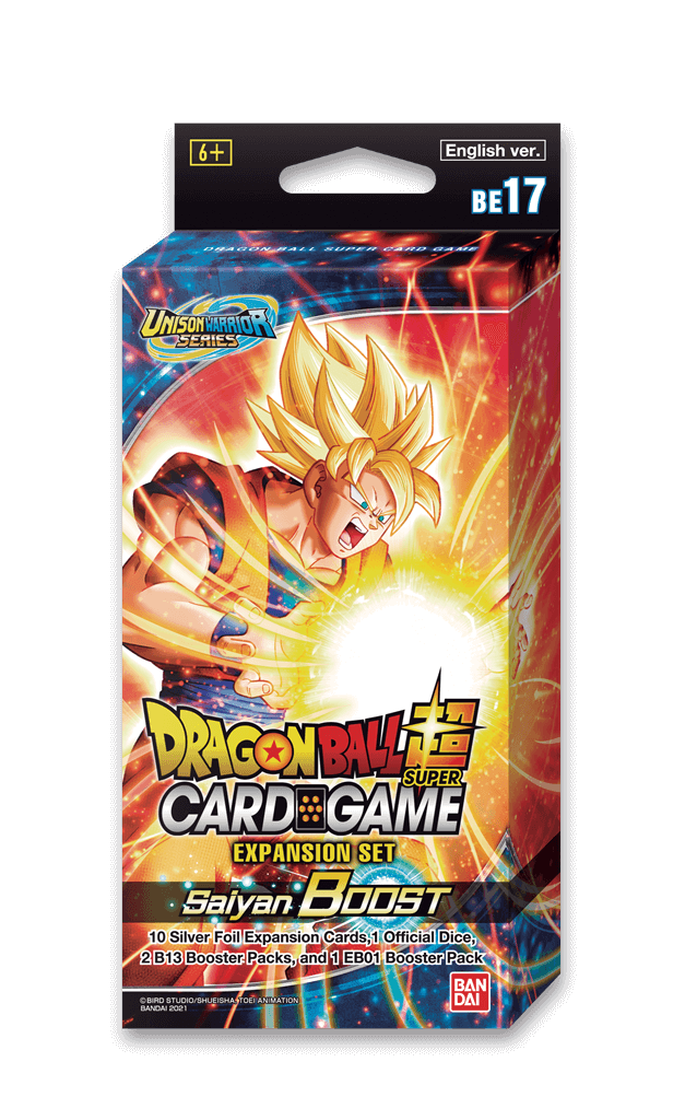 Dragon Ball Dragon Ball Super - Saiyan Boost Expansion bevat:- UW4 Booster Pack x2- Battle Evolution Booster Pack x1- New Expansion Cards x10 (5 types x2) (All Silver Foil)- Official Dice x1 (New Color)