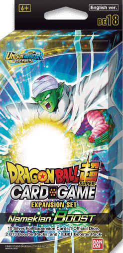 Dragon Ball Dragon Ball Super - Namekian Boost Expansion bevat:- UW4 Booster Pack x2- Battle Evolution Booster Pack x1- New Expansion Cards x10 (5 types x2) (All Silver Foil)- Official Dice x1 (New Color)