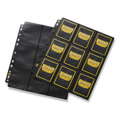 Accessoires Dragon Shield 18-Pocket Pages hebben afgeronde hoeken en zachte randen: 50 pagina's per pak, gemaakt voor standaard formaat kaarten, zwarte rug.