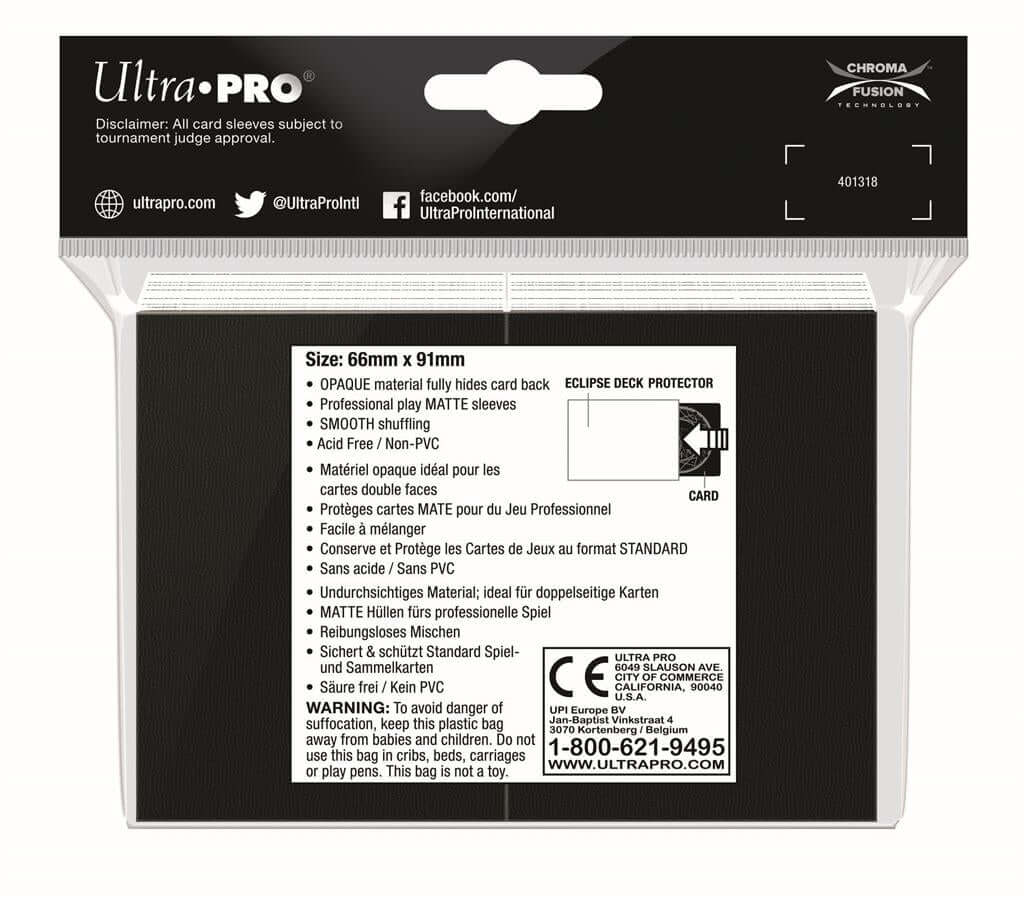 Accessoires Eclipse Deck Protector sleeves are now in 100ct packages, with three new colors! Royal Purple, Smoke Grey, & Forest Green. • New part numbers and color names to avoid ordering confusion. • Increased color and edge consistency. • All colors are