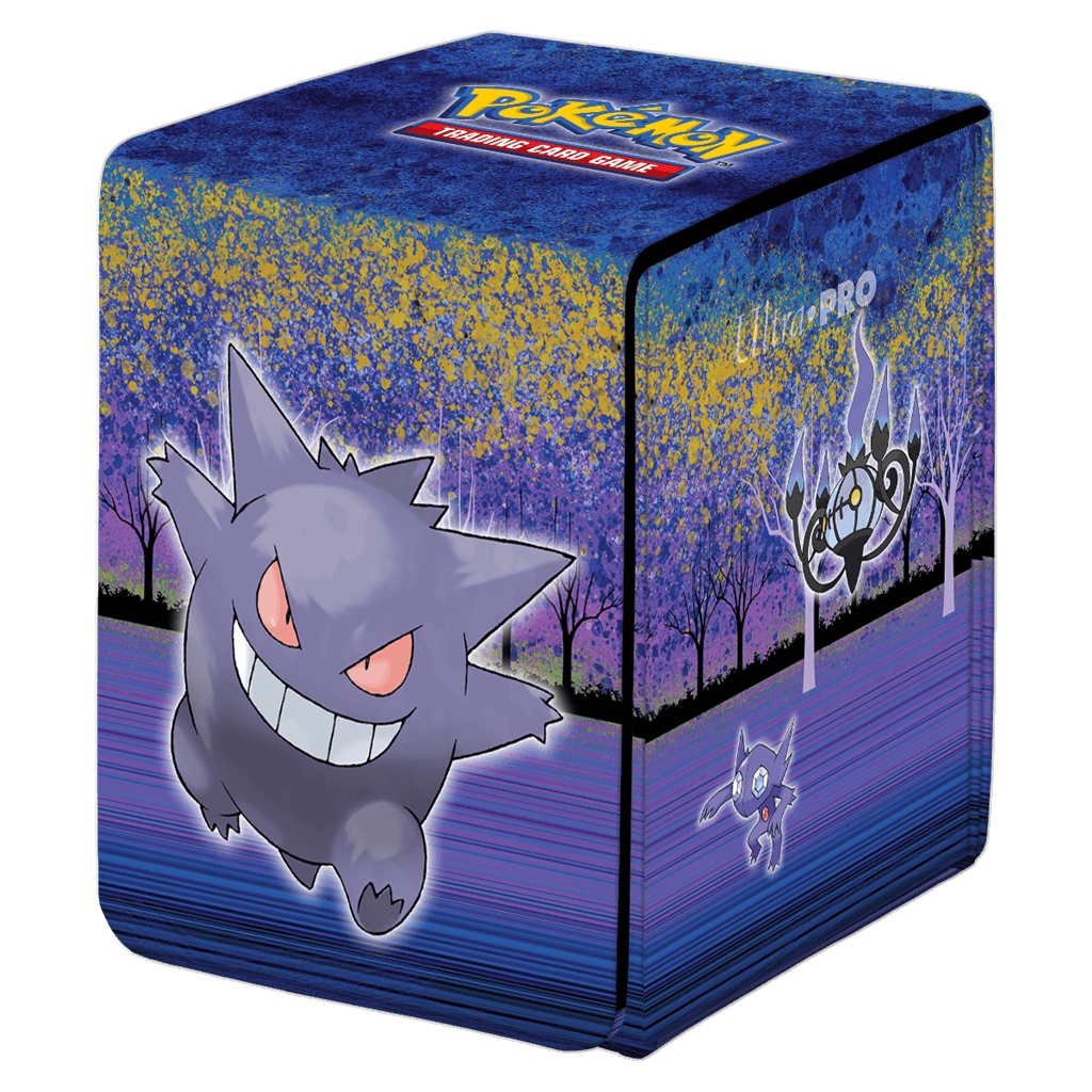 Pokémon The Alcove Flip Box for Pokémon features a vibrant, full-color leatherette finish, a strong magnetic closure, and dual thumb notches for easy access to your deck. This deck box holds up to 100 standard size trading cards double-sleeved in Ultra PR