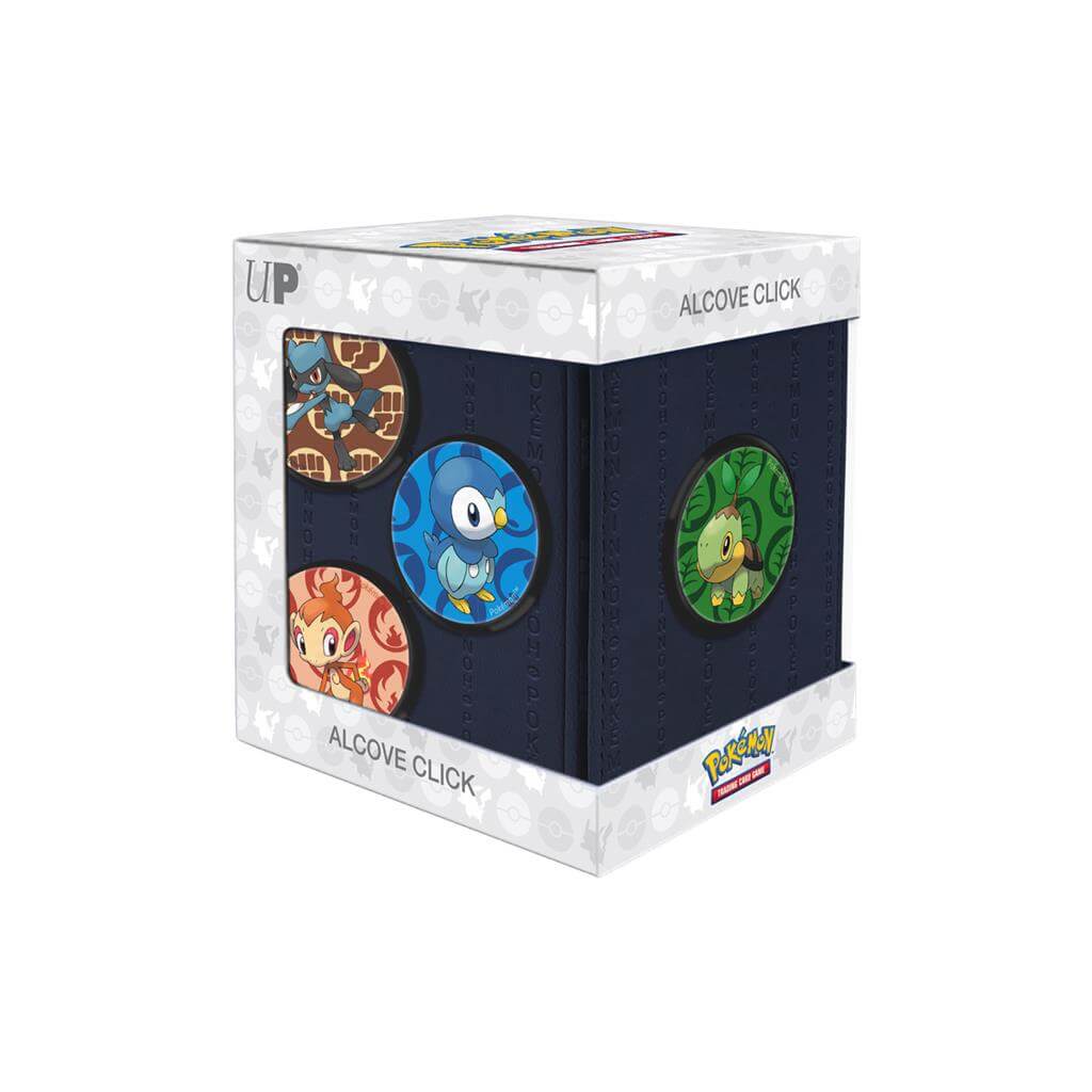 Pokémon Collect, store, and personalize with the Alcove Click for Pokémon! The Alcove Click comes with four themed badges featuring Turtwig, Chimchar, Piplup and Riolu. This Deck Box holds up to 100 standard size trading cards double-sleeved in Ultra PRO