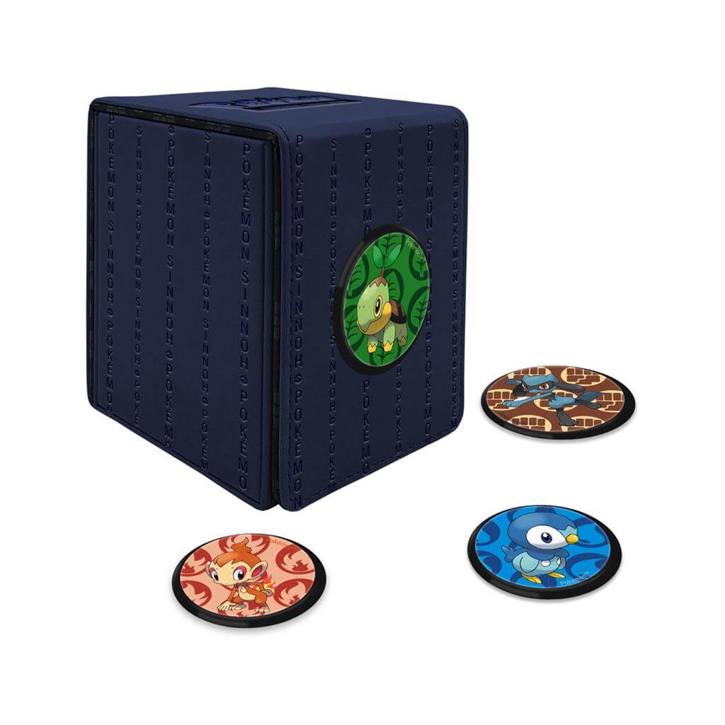 Pokémon Collect, store, and personalize with the Alcove Click for Pokémon! The Alcove Click comes with four themed badges featuring Turtwig, Chimchar, Piplup and Riolu. This Deck Box holds up to 100 standard size trading cards double-sleeved in Ultra PRO