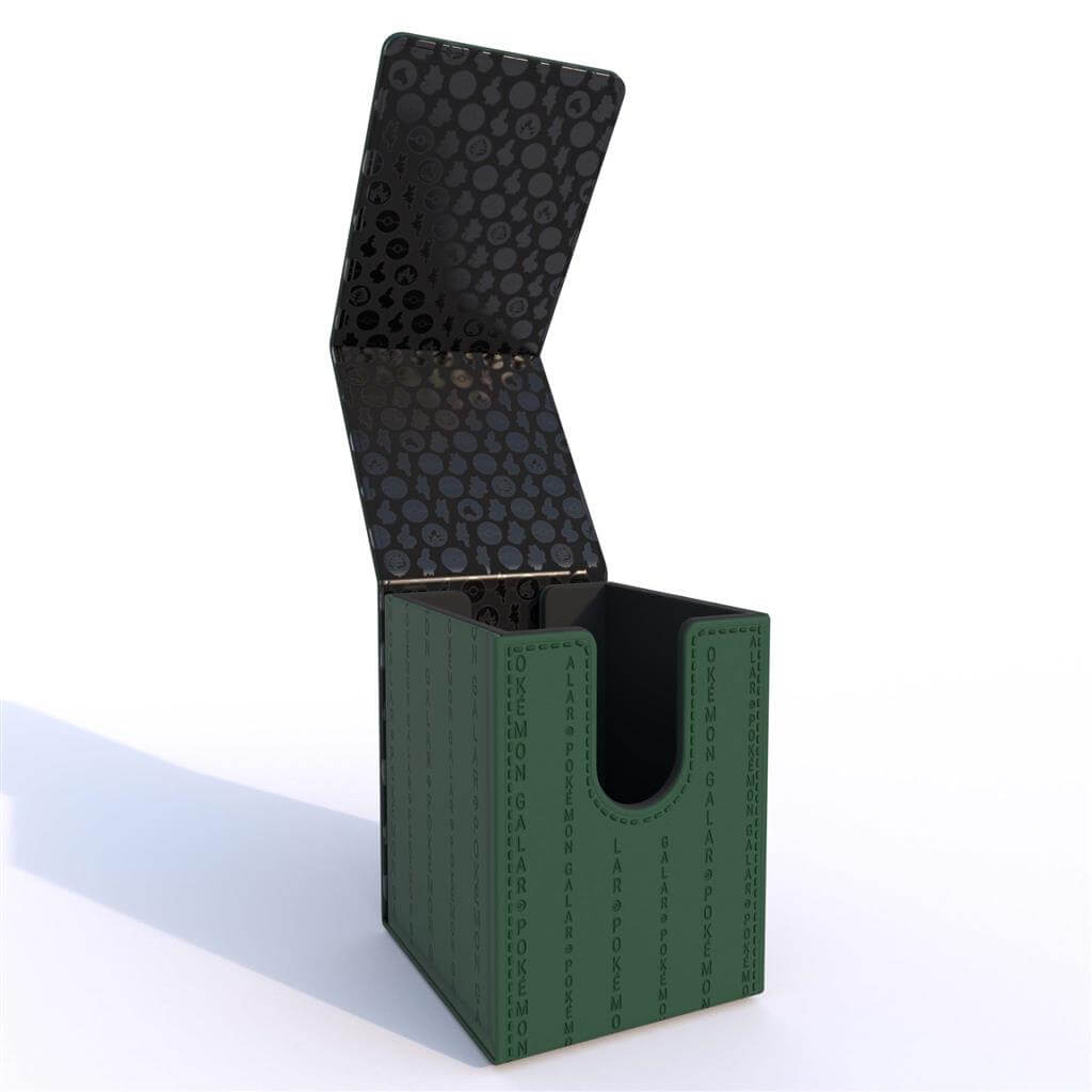 Pokémon Collect, store, and personalize with the Alcove Click for Pokémon! The Alcove Click comes with four themed badges featuring Grookey, Scorbunny, Sobble and Yamper. This Deck Box holds up to 100 standard size trading cards double-sleeved in Ultra PR