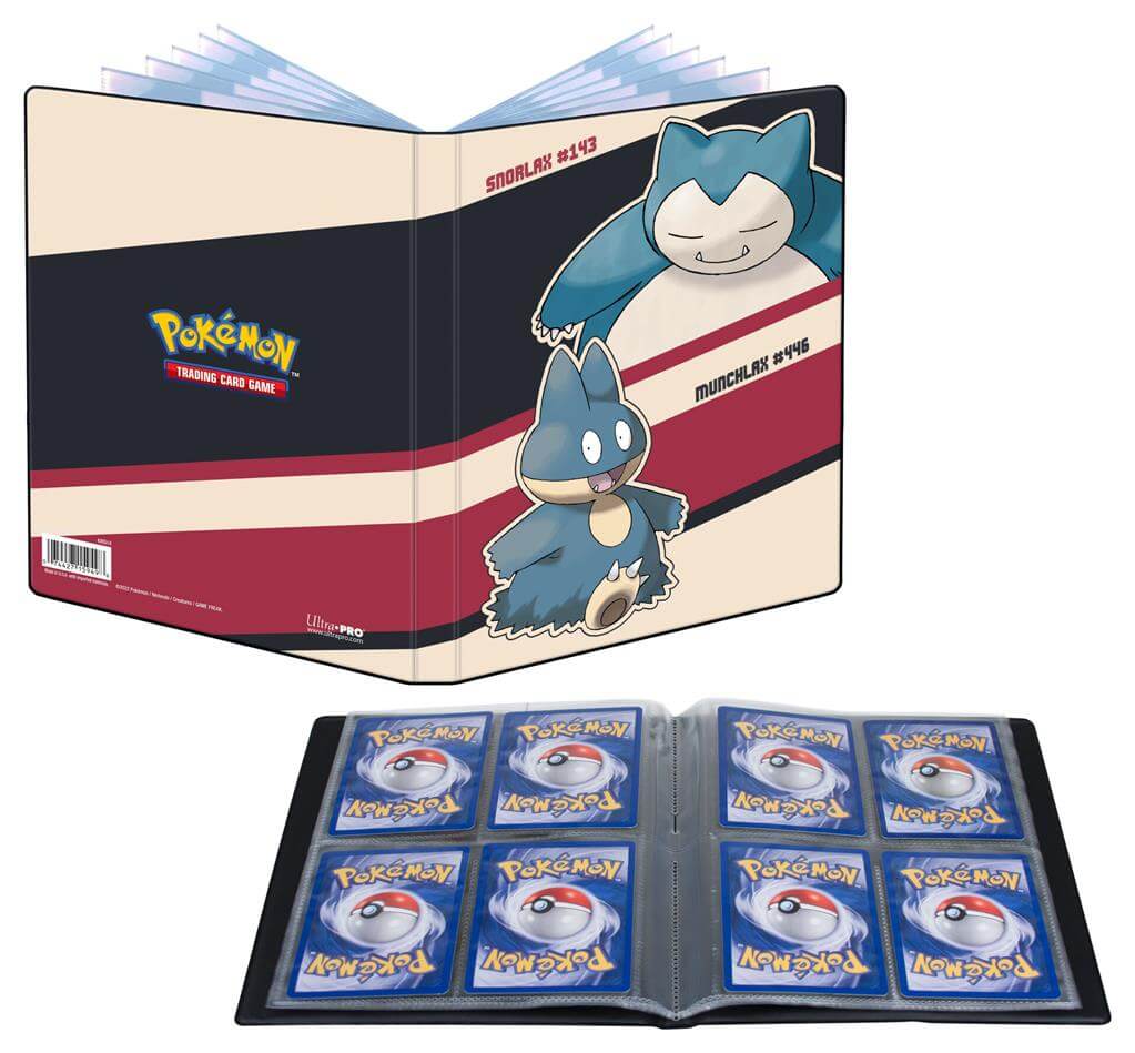 Pokémon 4-Pocket Portfolios for Pokémon feature a vibrant, full-art cover of Snorlax and Munchlax. Each portfolio stores and protects up to 40 standard size cards single-loaded and 80 cards double-loaded in archival-safe polypropylene pages. There are als