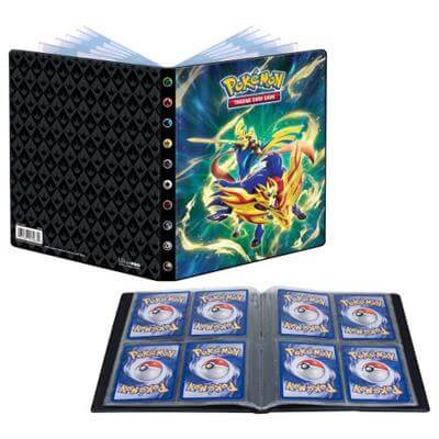 Pokémon 4-Pocket Portfolios for Pokémon feature a vibrant, full-art cover of Crowned Sword Zacian and Crowned Shield Zamazenta. Each portfolio stores and protects up to 40 standard size cards single-loaded and 80 cards double-loaded in archival-safe polyp