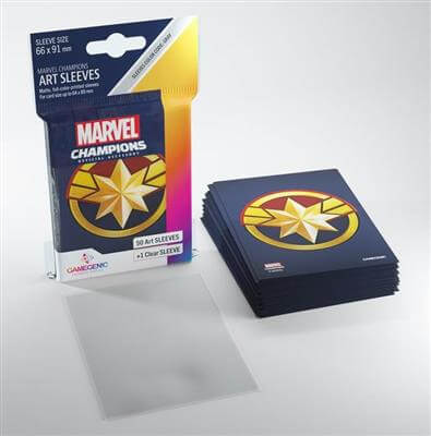 Accessoires SLEEVES Marvel Champions met Captain Marvel. Een pakje bevat 50+1 sleeves. Afmetingen zijn 66 x 91 mm.