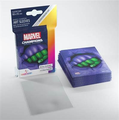 Accessoires SLEEVES Marvel Champions met She-Hulk. Een pakje bevat 50+1 sleeves. Afmetingen zijn 66 x 91 mm.