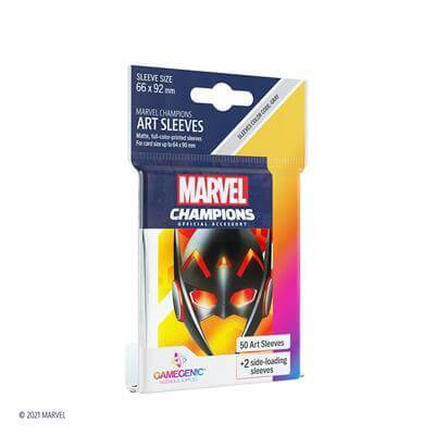 Accessoires SLEEVES Marvel Champions met Wasp. Een pakje bevat 50+1 sleeves. Afmetingen zijn 66 x 91 mm.