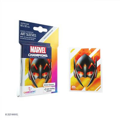 Accessoires SLEEVES Marvel Champions met Wasp. Een pakje bevat 50+1 sleeves. Afmetingen zijn 66 x 91 mm.