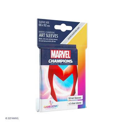 Accessoires SLEEVES Marvel Champions met Scarlet Witch. Een pakje bevat 50+1 sleeves. Afmetingen zijn 66 x 91 mm.