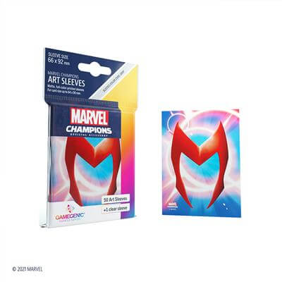 Accessoires SLEEVES Marvel Champions met Scarlet Witch. Een pakje bevat 50+1 sleeves. Afmetingen zijn 66 x 91 mm.