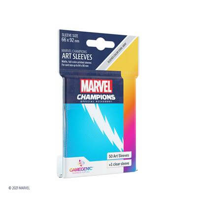 Accessoires SLEEVES Marvel Champions met Quicksilver. Een pakje bevat 50+1 sleeves. Afmetingen zijn 66 x 91 mm.