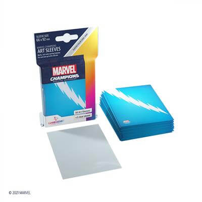 Accessoires SLEEVES Marvel Champions met Quicksilver. Een pakje bevat 50+1 sleeves. Afmetingen zijn 66 x 91 mm.
