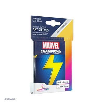 Accessoires SLEEVES Marvel Champions met Ms Marvel. Een pakje bevat 50+1 sleeves. Afmetingen zijn 66 x 91 mm.