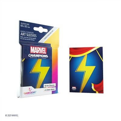 Accessoires SLEEVES Marvel Champions met Ms Marvel. Een pakje bevat 50+1 sleeves. Afmetingen zijn 66 x 91 mm.