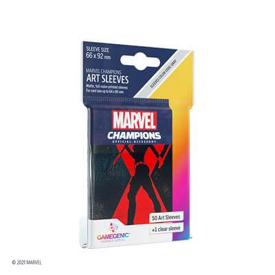 Accessoires SLEEVES Marvel Champions met Black Widow. Een pakje bevat 50+1 sleeves. Afmetingen zijn 66 x 91 mm.