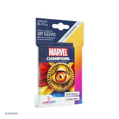 Accessoires SLEEVES Marvel Champions met Doctor Strange. Een pakje bevat 50+1 sleeves. Afmetingen zijn 66 x 91 mm.