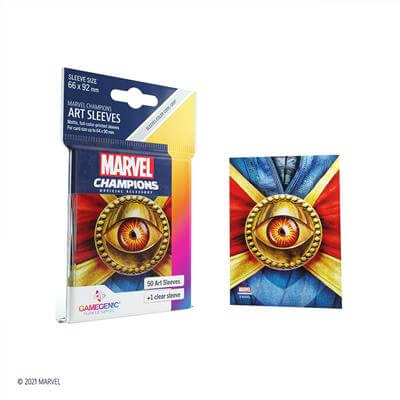 Accessoires SLEEVES Marvel Champions met Doctor Strange. Een pakje bevat 50+1 sleeves. Afmetingen zijn 66 x 91 mm.