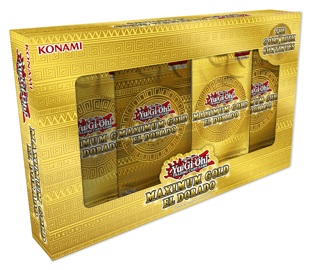 Yu-Gi-Oh With the Maximum Gold El Dorado box, Yu-Gi-Oh! TCG brings back Gold Rare cards that have raised golden outlines, borders, symbols and icons on popular cards. This set will feature ten more cards with variant artwork and the gold treatment, like K