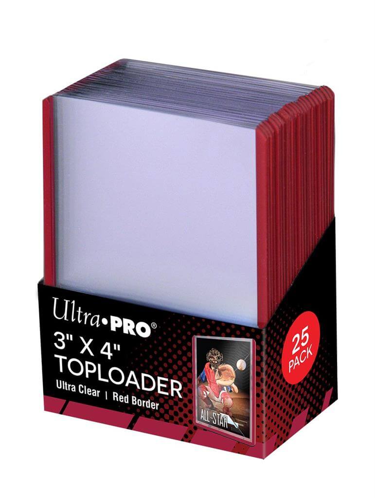 Accessoires 3" x 4" (63.5mm x 88.9mm) toploader for standard cards with red border. Rigid plastic encloses card and keeps it clean while preventing damage.
