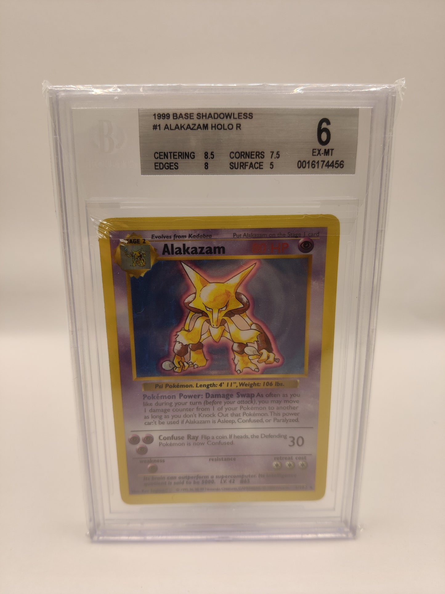 Singles Naam: AlakazamSet: Base SetTaal: EngelsNummer: 1/102Grading bedrijf: BGS (Beckett)Grade: 6