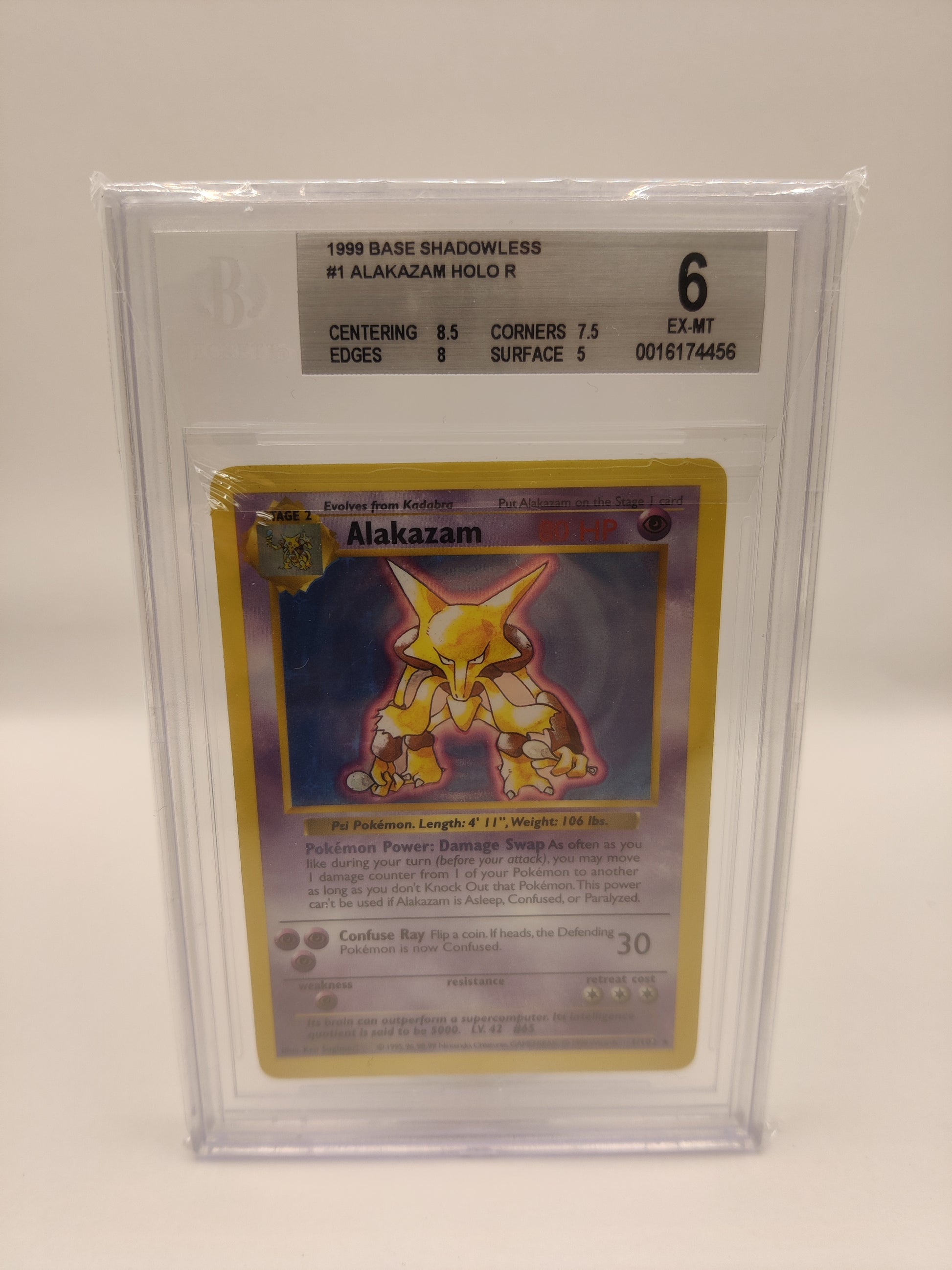 Singles Naam: AlakazamSet: Base SetTaal: EngelsNummer: 1/102Grading bedrijf: BGS (Beckett)Grade: 6
