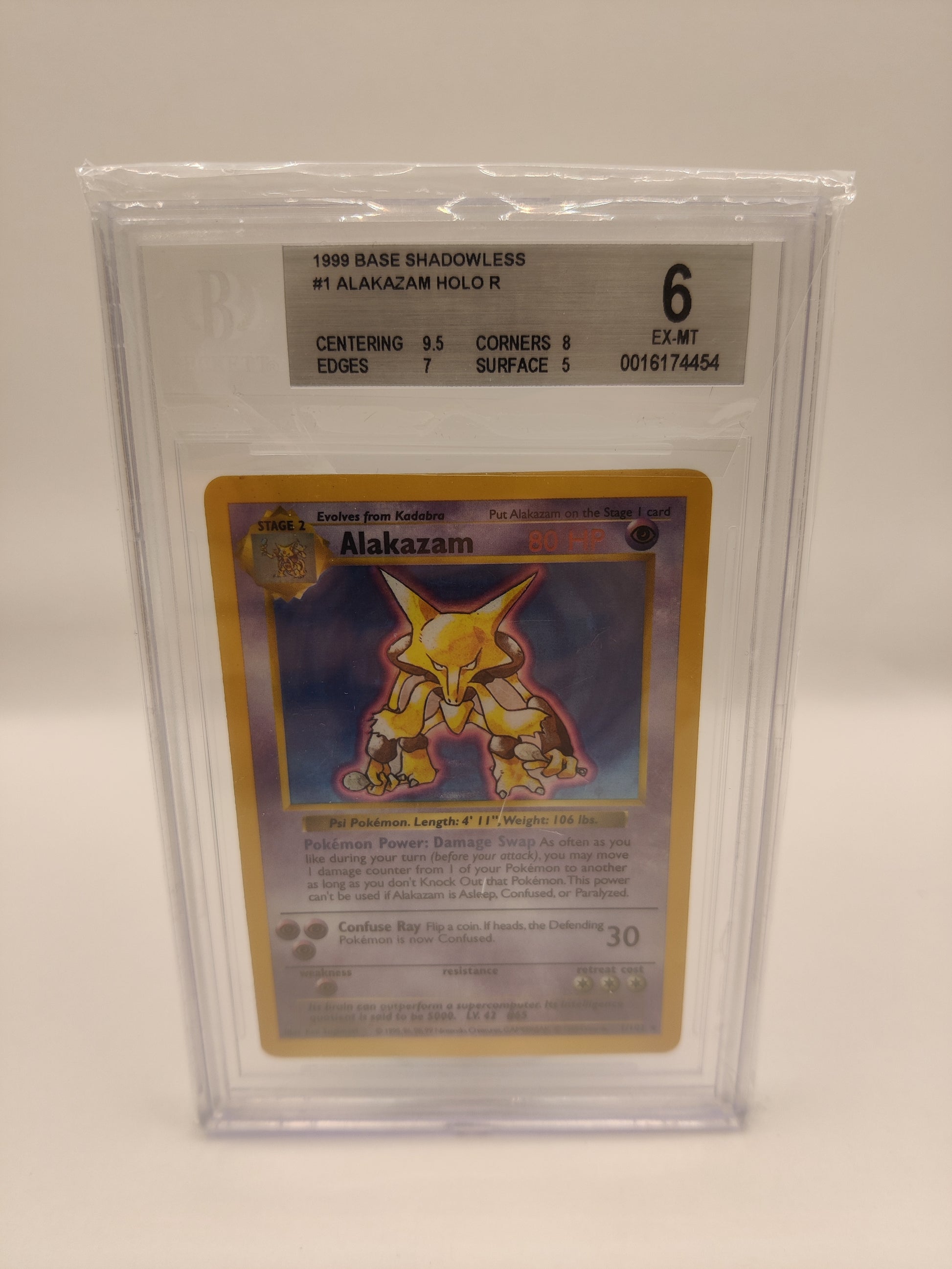 Singles Naam: AlakazamSet: Base SetTaal: EngelsNummer: 1/102Grading bedrijf: BGS (Beckett)Grade: 6