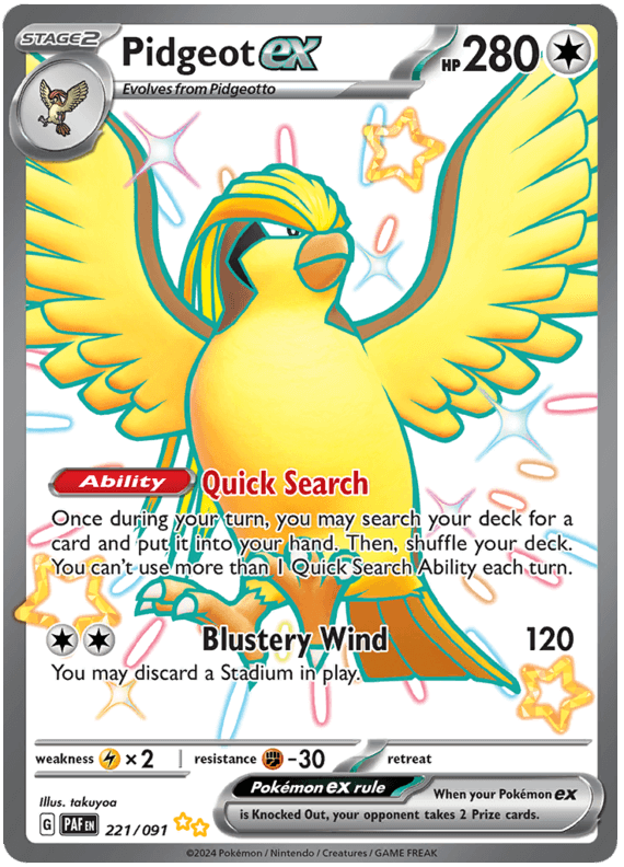 Naam: Pidgeot exSet: Paldean FatesNummer: 221/091Staat: Near Mint