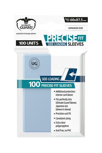 Accessoires These sleeves with side-loading design for hassle-free double-sleeving fit perfectly into ULTIMATE GUARD Sleeves (sleeve in sleeve). Perfect for Yu-Gi-Oh!™, Naruto™ and many other Japanese-sized cards. 100 sleeves per pack. Hassle-Free Side-Lo