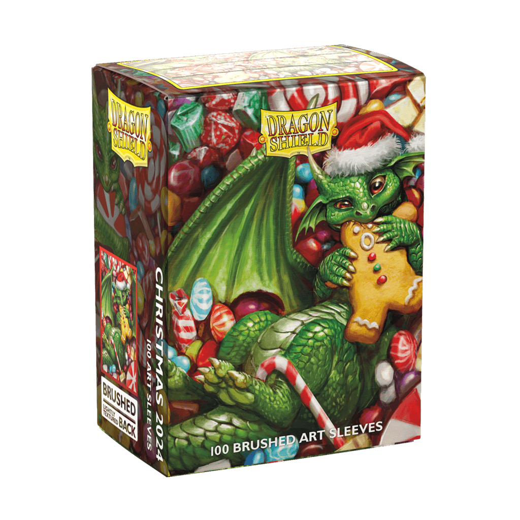 The 2024 Dragon Shield Christmas Brushed Art sleeves feature mischevious dragons endulging in seasonal sweets. Brushed Art sleeves feature a lightly textured back and provide a steady shuffle-feel as you face off against your opponents. Art sleeves are pr