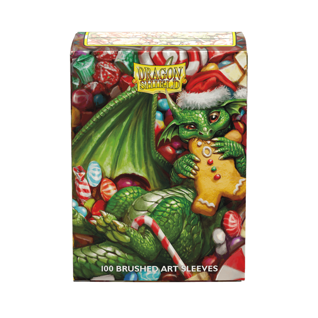 The 2024 Dragon Shield Christmas Brushed Art sleeves feature mischevious dragons endulging in seasonal sweets. Brushed Art sleeves feature a lightly textured back and provide a steady shuffle-feel as you face off against your opponents. Art sleeves are pr