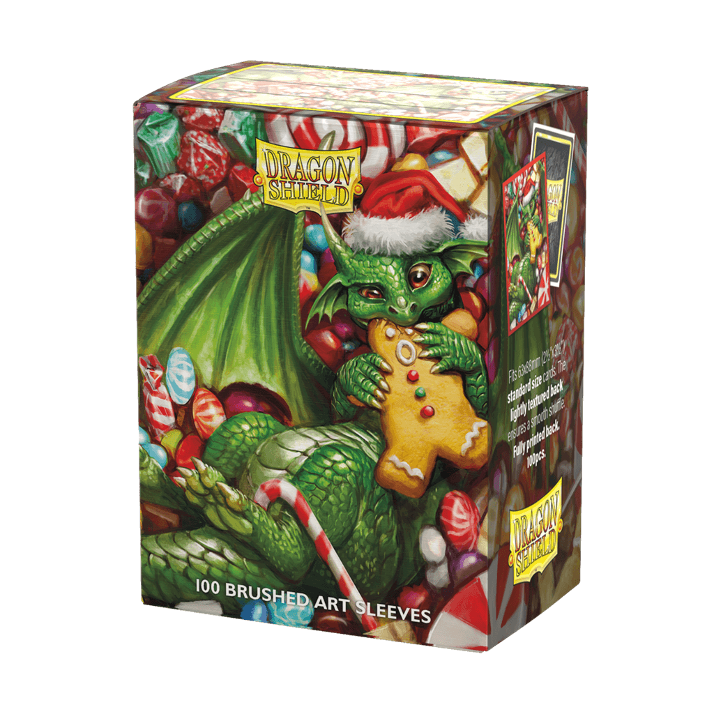 The 2024 Dragon Shield Christmas Brushed Art sleeves feature mischevious dragons endulging in seasonal sweets. Brushed Art sleeves feature a lightly textured back and provide a steady shuffle-feel as you face off against your opponents. Art sleeves are pr