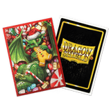 The 2024 Dragon Shield Christmas Brushed Art sleeves feature mischevious dragons endulging in seasonal sweets. Brushed Art sleeves feature a lightly textured back and provide a steady shuffle-feel as you face off against your opponents. Art sleeves are pr