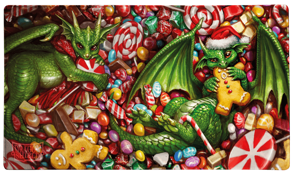 Lorcana Embrace the season's cheer with the silky smooth playmat featuring the 2024 Dragon Shield Christmas dragons. Enjoy the completely new, silky smooth surface texture. Together with the non-slip, rubber bottom and premium stitched-edge, this Dragon S