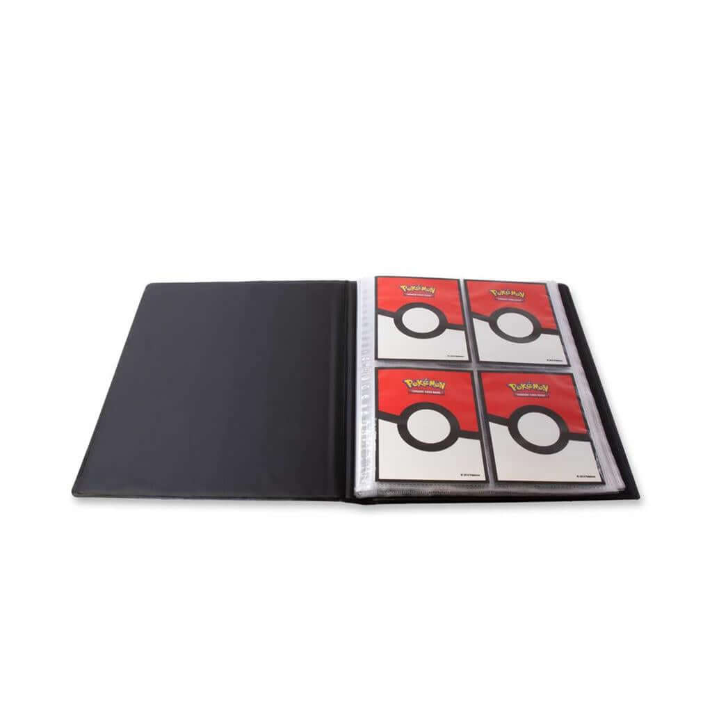 Pokémon 4-Pocket Portfolios for Pokémon feature a vibrant, full-art cover of Pecharunt and The Loyal Three (Okidogi, Munkidori, and Fezandipiti) from Pokémon Scarlet and Violet. Each portfolio stores and protects up to 40 standard size cards single-loaded