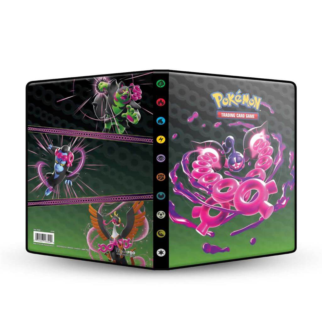 Pokémon 4-Pocket Portfolios for Pokémon feature a vibrant, full-art cover of Pecharunt and The Loyal Three (Okidogi, Munkidori, and Fezandipiti) from Pokémon Scarlet and Violet. Each portfolio stores and protects up to 40 standard size cards single-loaded