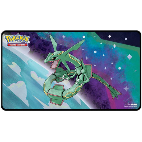 Pokémon Make it a game to remember with Legendary Foil Playmats for Pokémon! With vibrant, full-color artwork of legendary Pokémon Rayquaza, this playmat features premium spot foil starlight accents for added shine. Made with a soft fabric top to reduce d