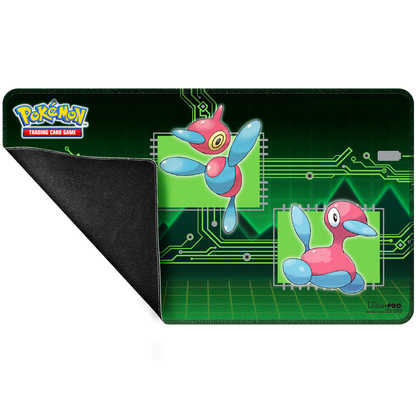 Pokémon This Stitched Playmat for Pokémon features vibrant, full-color artwork of Porygon, Porygon2, and Porygon-Z. Made with a soft fabric top to reduce damage to cards during play, and features a non-slip rubber backing to keep the playmat from shifting