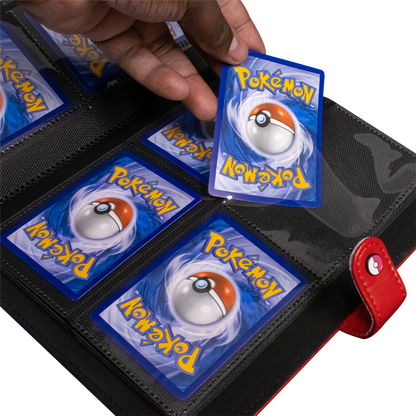 Pokémon The Premium Snap Binder for Pokémon is the ideal accessory for trading card collectors of every age!Each binder features a red padded leatherette cover with a rubber Pokémon logo emblem, and can be securely closed with the enamel Poké Ball snap on