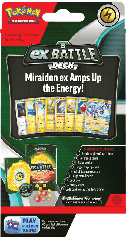 Pokémon De POK TCG May ex Battle Decks bevat: 1 set met 60 kaarten waarmee je direct aan de slag kunt 3 referentiekaarten 1 handleiding om snel te kunnen beginnen 1 single-player speelmat 1 set damage counters 1 munt 1 Deckbox 1 strategie overzicht 1 code