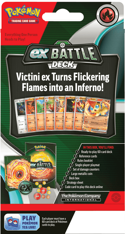 Pokémon De POK TCG May ex Battle Decks bevat: 1 set met 60 kaarten waarmee je direct aan de slag kunt 3 referentiekaarten 1 handleiding om snel te kunnen beginnen 1 single-player speelmat 1 set damage counters 1 munt 1 Deckbox 1 strategie overzicht 1 code