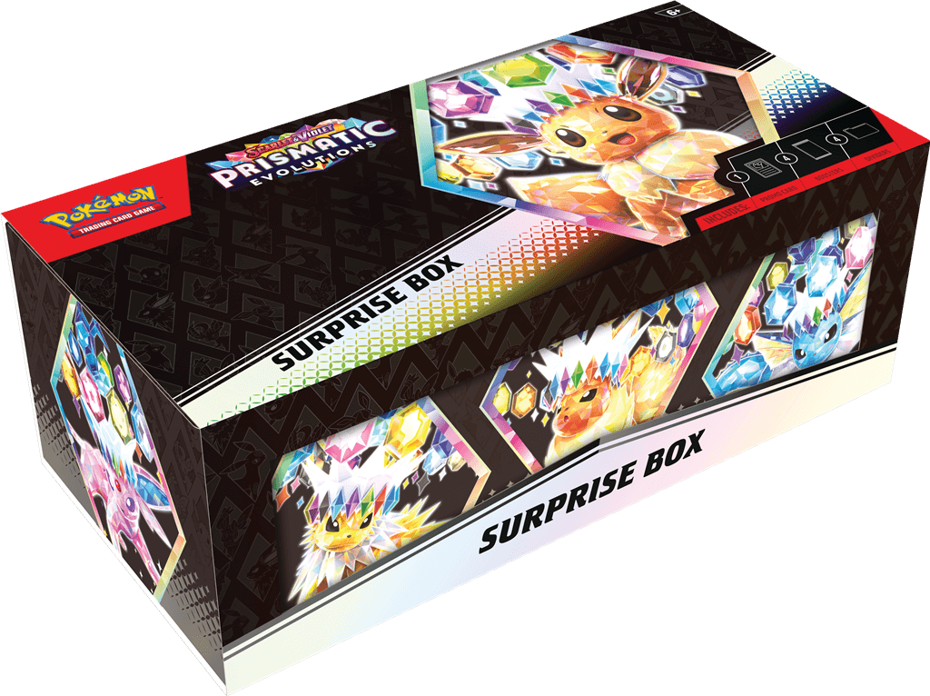 Vind 1 van de 9 promokaarten & meer in deze fantastische Surprise Box!Eevee en zijn Evolutions hebben allemaal unieke krachten om te ontdekken, en ze worden nog krachtiger als ze verschijnen als Pokémon ex! In deze Surprise Box krijg je een willekeurig ge