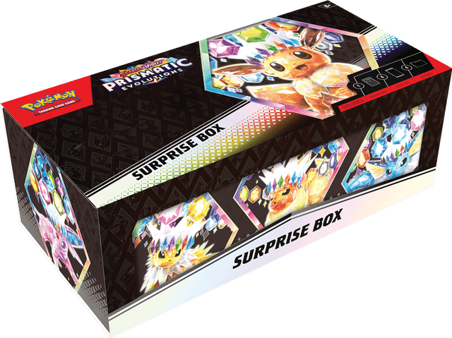 Vind 1 van de 9 promokaarten & meer in deze fantastische Surprise Box!Eevee en zijn Evolutions hebben allemaal unieke krachten om te ontdekken, en ze worden nog krachtiger als ze verschijnen als Pokémon ex! In deze Surprise Box krijg je een willekeurig ge