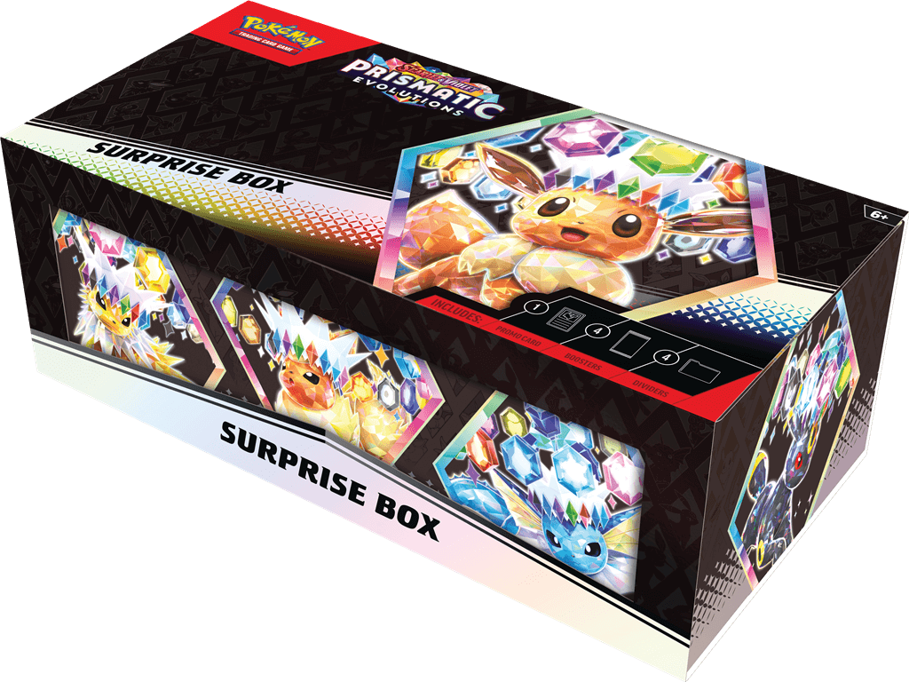 Vind 1 van de 9 promokaarten & meer in deze fantastische Surprise Box!Eevee en zijn Evolutions hebben allemaal unieke krachten om te ontdekken, en ze worden nog krachtiger als ze verschijnen als Pokémon ex! In deze Surprise Box krijg je een willekeurig ge