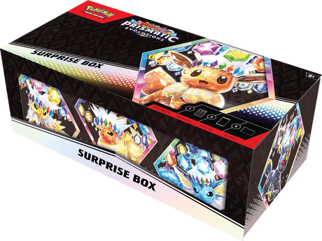 Vind 1 van de 9 promokaarten & meer in deze fantastische Surprise Box!Eevee en zijn Evolutions hebben allemaal unieke krachten om te ontdekken, en ze worden nog krachtiger als ze verschijnen als Pokémon ex! In deze Surprise Box krijg je een willekeurig ge