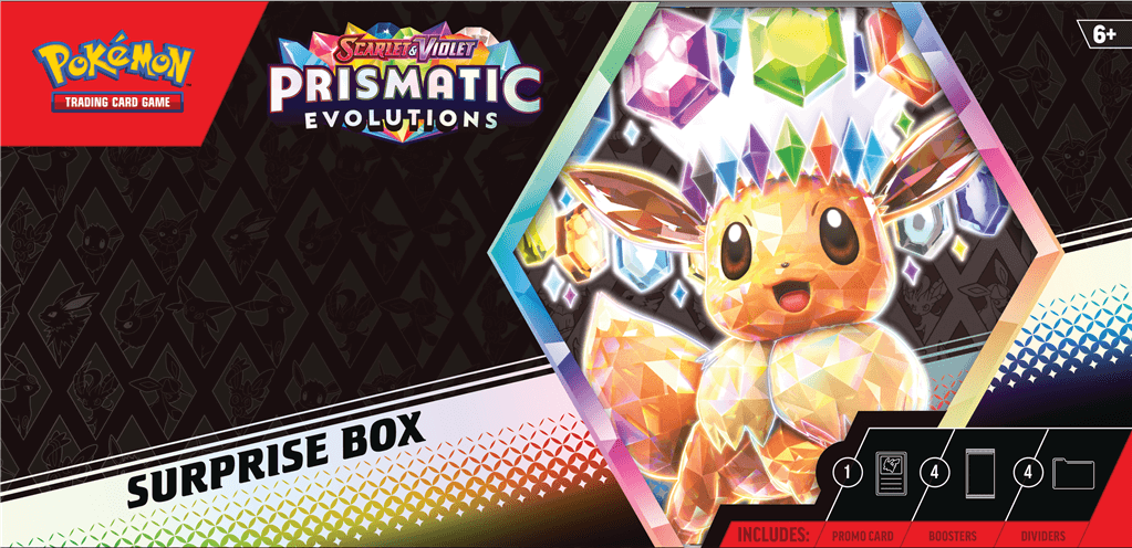 Vind 1 van de 9 promokaarten & meer in deze fantastische Surprise Box!Eevee en zijn Evolutions hebben allemaal unieke krachten om te ontdekken, en ze worden nog krachtiger als ze verschijnen als Pokémon ex! In deze Surprise Box krijg je een willekeurig ge