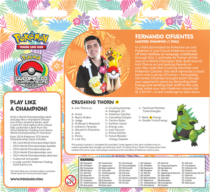 Pokémon Maak je klaar voor de strijd met de nieuwste Pokémon TCG World Champions Deck! Deze decks zijn replica's van decks die zijn gebruikt tijdens de Pokémon TCG Worlds 2024 in Hawaii. Elke Pokémon TCG World Champions Deck (WCS 2024) bevat: Deck bestaan