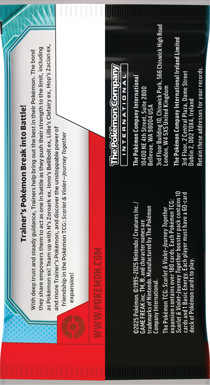 Pokémon Pokémon TCG SV09 - Journey Together!Met diep vertrouwen en vastberaden begeleiding helpen Trainers het beste in hun Pokémon naar boven te halen.De band die ze delen, stelt hen in staat als één te handelen in gevechten terwijl ze hun krachten tot h