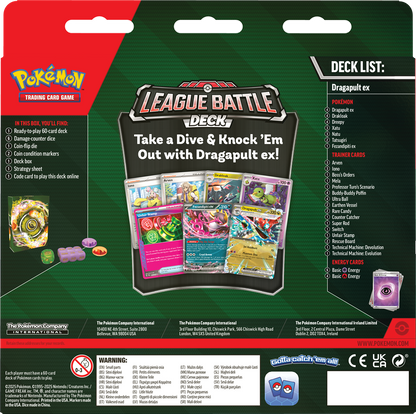 Pokémon Neem een duik en sla je tegenstanders knock-out met Dragapult ex!In dit product vind je de volgende items: 1 klaar om te spelen 60-kaart deck 6 toernooiklare schade-dobbelstenen 1 coin-flip dobbelsteen 2 munt-conditiemarkers 1 deck box 1 strategie